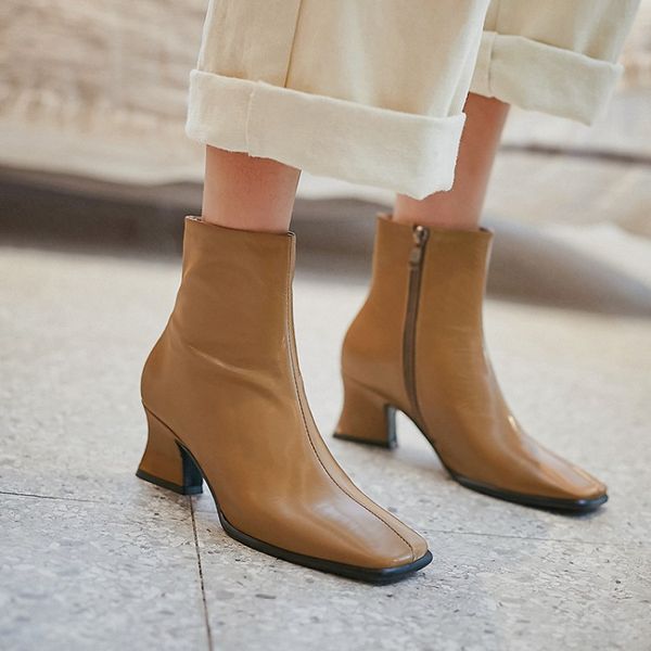 pxelena brand new 2019 autumn women genuine leather boots strange high heels elegant square toe party dress lady shoes, Black