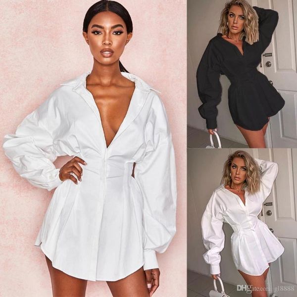 women's autumn long sleeve solid lapel shirt mini dress casual loose blouse, White
women's autumn long sleeve solid lapel shirt mini dress casual loose blouse, White