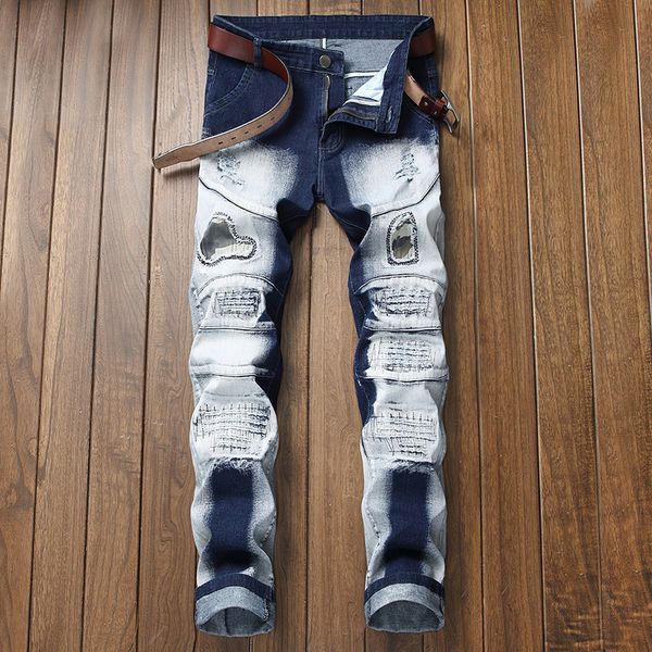 mens designer elastic jeans stitching patch two-tone straight slim faded trousers, Blue
mens designer elastic jeans stitching patch two-tone straight slim faded trousers, Blue