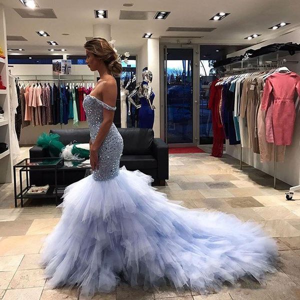 fashion lavender mermaid prom dresses off the shoulder rhinestones party dress beaded tiered court train tulle plus size evening gowns, Black
fashion lavender mermaid prom dresses off the shoulder rhinestones party dress beaded tiered court train tulle plus size evening gowns, Black