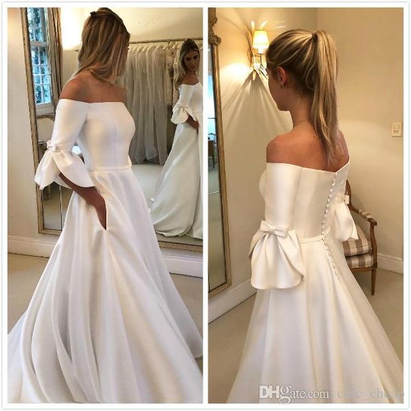 simple off shoulder wedding dresses 1/2 sleeves floor length satin button back wedding dress bridal gowns vestidos de noiva, White
simple off shoulder wedding dresses 1/2 sleeves floor length satin button back wedding dress bridal gowns vestidos de noiva, White