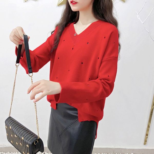 women's sweaters 2021 arrival solid color hole sweater knit pullover loose casual v-neck long sleeve, White;black
women's sweaters 2021 arrival solid color hole sweater knit pullover loose casual v-neck long sleeve, White;black