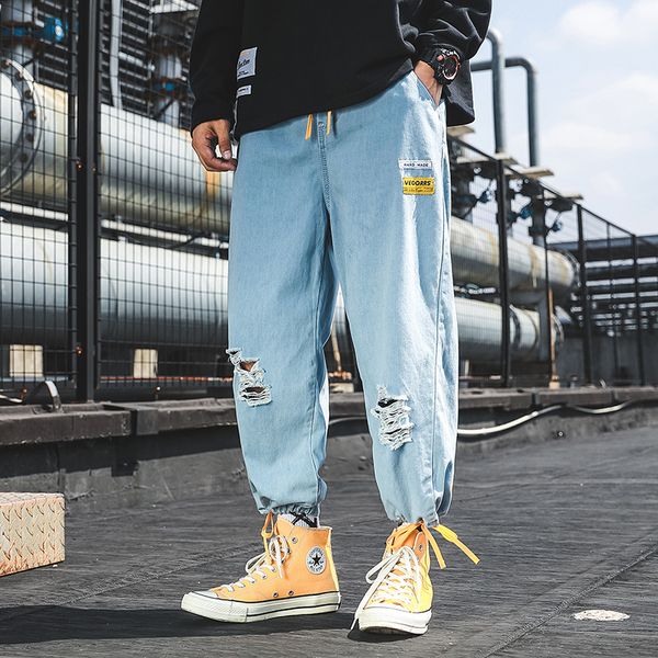 new concise style color patchwork hole washing process fashion casual men's jogger denim nine pants harem jeans streetwear, Blue
new concise style color patchwork hole washing process fashion casual men's jogger denim nine pants harem jeans streetwear, Blue