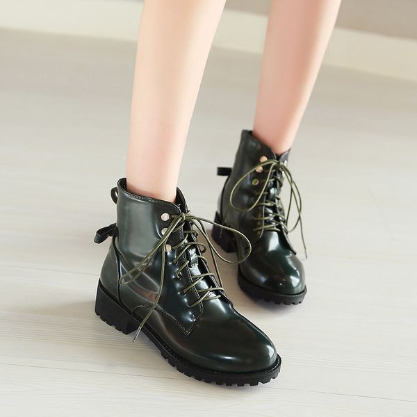 

ymechic autumn winter 2019 faux patent leather lace up woman shoes green black retro chunky heel ankle combat boots for women
