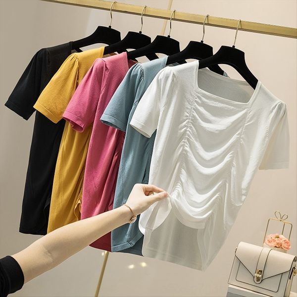 2020 casual square collar loose ice silk knitted solid color short sleeve t-shirt t-shirt women's top, White
2020 casual square collar loose ice silk knitted solid color short sleeve t-shirt t-shirt women's top, White