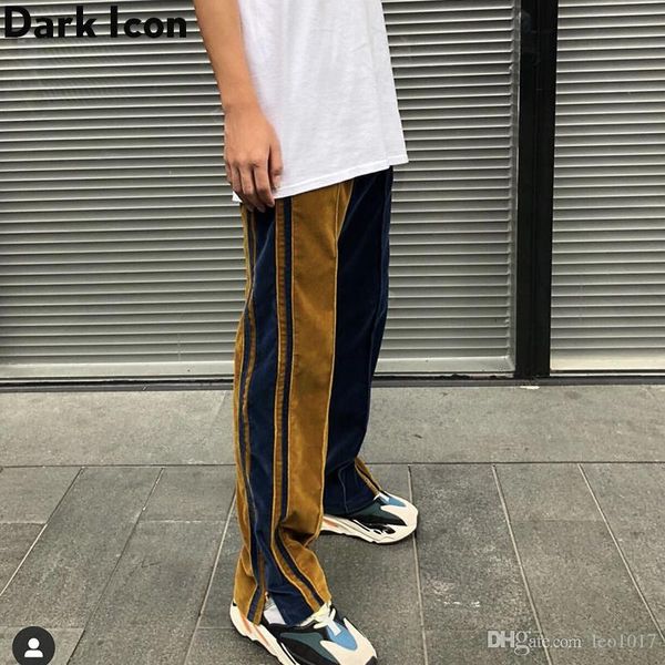 dark icon velvet wide leg pants men elastic waist ankle zipper patchwork men's pants street pants for man