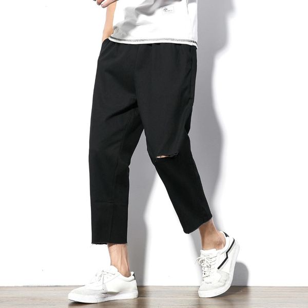 men casual pants solid color seven-cent pants men straight raw hem ripped pant 5xl legible, Black
men casual pants solid color seven-cent pants men straight raw hem ripped pant 5xl legible, Black