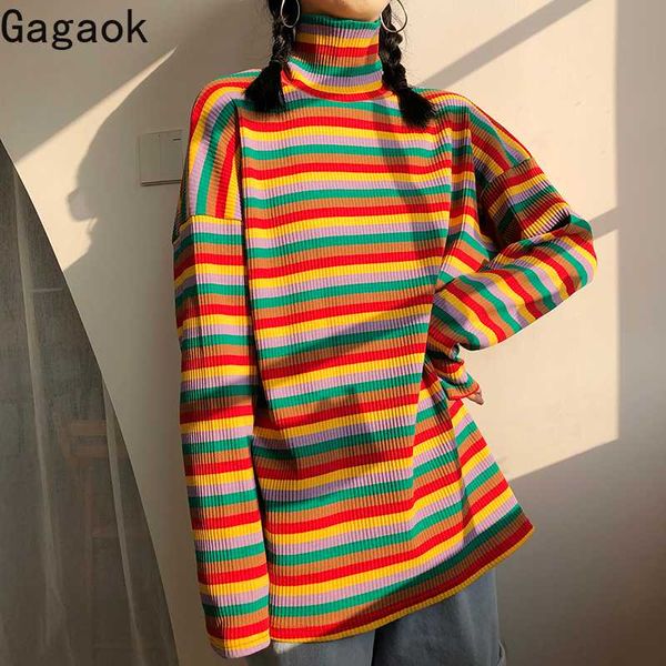 gagaok women sweet rainbow t-shirt spring autumn new turtleneck striped stretch loose casual wild female fashion pullover, White
gagaok women sweet rainbow t-shirt spring autumn new turtleneck striped stretch loose casual wild female fashion pullover, White