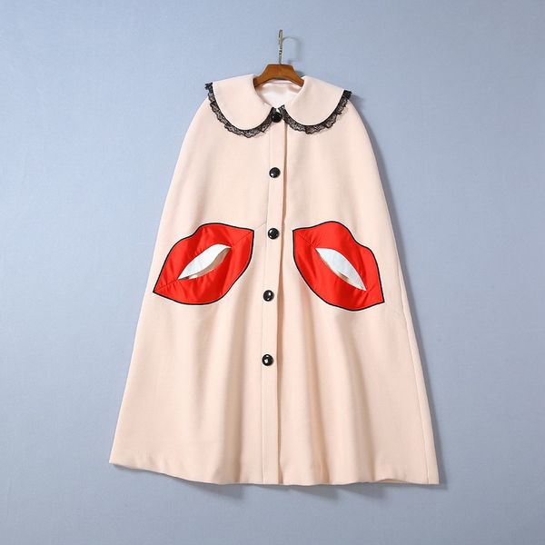 european and american women's autumn winter 2019 new style cloak model lace doll collar fashionable red lip pocket cloth coat, Black
european and american women's autumn winter 2019 new style cloak model lace doll collar fashionable red lip pocket cloth coat, Black