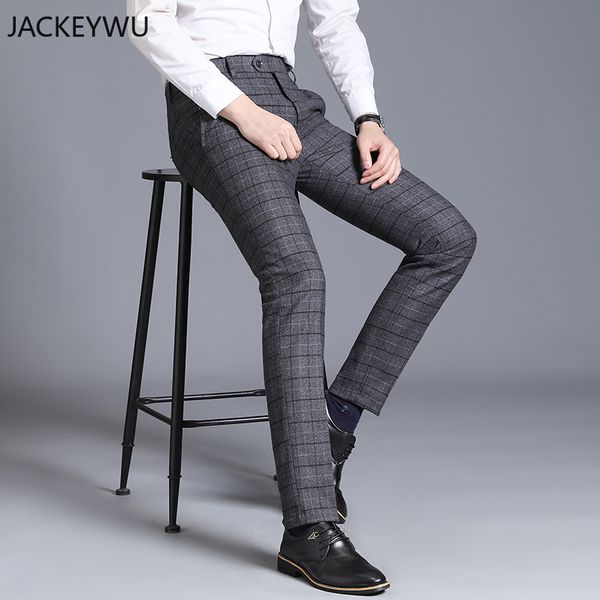 

brand suit pants men 2019 fashion business casual straight slim fit long trouser england classic grid office formal pant wedding, White;black