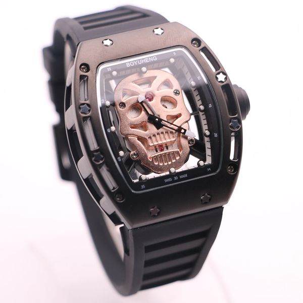 black steel 43mm boyuheng brand red hands watches quartz battery rubber band transparent skeleton skull head mens watch tonneau wristwatches, Slivery;brown
black steel 43mm boyuheng brand red hands watches quartz battery rubber band transparent skeleton skull head mens watch tonneau wristwatches, Slivery;brown