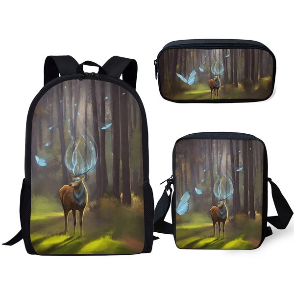 elviswords fashion kids 3pc set school backpack fantasy deer school bags kawaii animal students backpack/messenger bag/pen bags