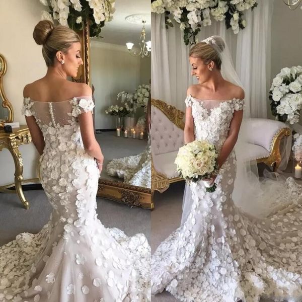 2019 gorgeous off the shoulder mermaid wedding dresses long petals handmade appliques long sheer back covered buttons bridal gowns, White
2019 gorgeous off the shoulder mermaid wedding dresses long petals handmade appliques long sheer back covered buttons bridal gowns, White