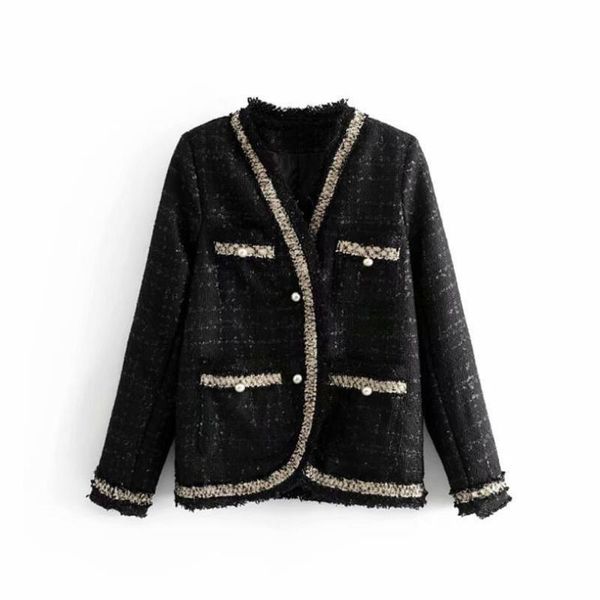 2020 spring new women long sleeves contrast color tweed jacket coat with front pockets & beaded edge - ladies tweed jacket p358, Black
2020 spring new women long sleeves contrast color tweed jacket coat with front pockets & beaded edge - ladies tweed jacket p358, Black