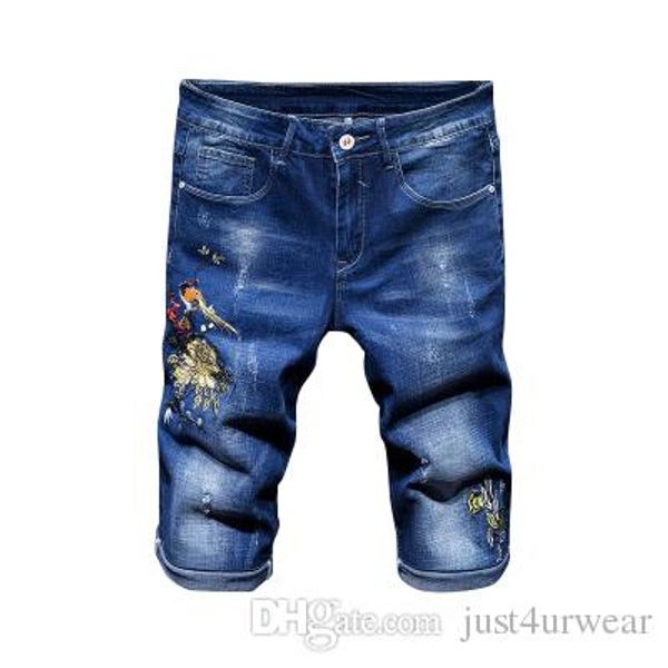 mens short jeans embroidery print slim straight summer jeans knee length distrressed male fashion short pants, Blue
mens short jeans embroidery print slim straight summer jeans knee length distrressed male fashion short pants, Blue