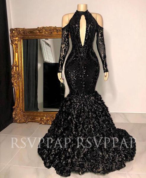 black mermaid long prom dresses 2020 african girl sexu vut-out front high neck long sleeve sequin 3d flowers prom gowns, White;black
black mermaid long prom dresses 2020 african girl sexu vut-out front high neck long sleeve sequin 3d flowers prom gowns, White;black
