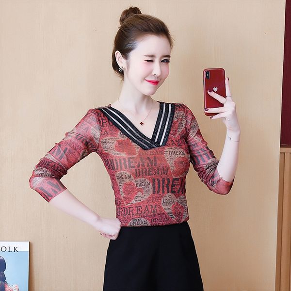 velvet long-sleeved t- female 2019 shirt autumn coat printed v-neck slim mesh base shirt, White
velvet long-sleeved t- female 2019 shirt autumn coat printed v-neck slim mesh base shirt, White