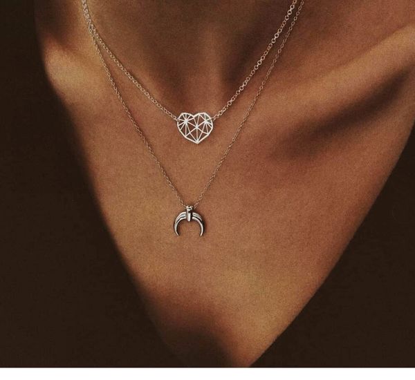 new necklace jewelry simple alloy chain hollow heart necklace fashion moon pendant 2 layer necklace set, Silver
new necklace jewelry simple alloy chain hollow heart necklace fashion moon pendant 2 layer necklace set, Silver