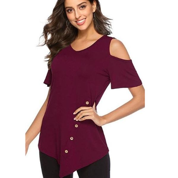 2019 summer fashion women tee shirts solid color o-neck irregular hem button off shoulder ladies casual tee, White
2019 summer fashion women tee shirts solid color o-neck irregular hem button off shoulder ladies casual tee, White