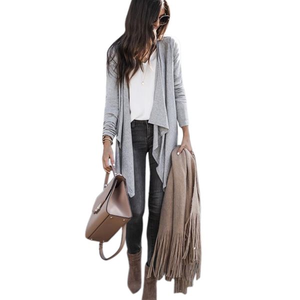 women autumn casual solid color open front long sleeve waterfall collar irregular coat ladies elegant knit cardigan, Black;brown
women autumn casual solid color open front long sleeve waterfall collar irregular coat ladies elegant knit cardigan, Black;brown