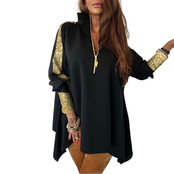 women v-neck sequins patchwork stand zip design long sleeve sweatshirt pullover, Black
women v-neck sequins patchwork stand zip design long sleeve sweatshirt pullover, Black