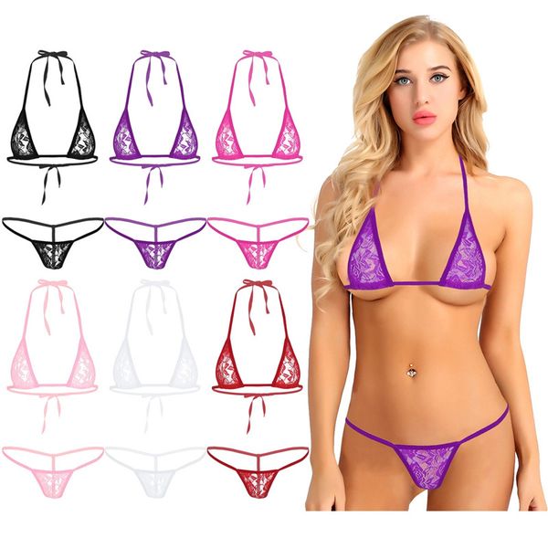 2pcs womens lace see through sheer bikini lingerie set halter neck mini micro bikini bra with t-back thong g-string briefs, White;black
2pcs womens lace see through sheer bikini lingerie set halter neck mini micro bikini bra with t-back thong g-string briefs, White;black