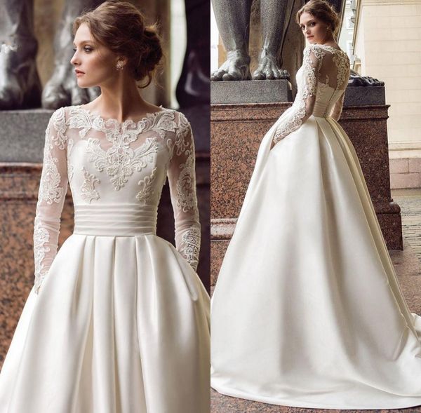 elegant satin a line wedding dresses sheer long sleeves tulle lace applique sweep train wedding bridal gowns robes de mariée with pockets, White
elegant satin a line wedding dresses sheer long sleeves tulle lace applique sweep train wedding bridal gowns robes de mariée with pockets, White