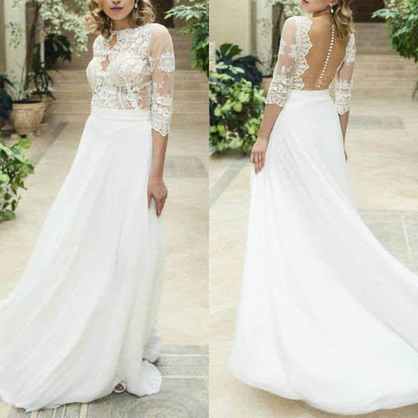 romantic chiffon a line wedding dress long sleeve illusion bodice back lace garden bridal gown plus size vestido de novia, White
romantic chiffon a line wedding dress long sleeve illusion bodice back lace garden bridal gown plus size vestido de novia, White