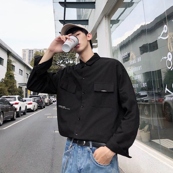 2019 autumn new japanese korean trend men's printing solid color original pocket tooling student casual shirt, White;black
2019 autumn new japanese korean trend men's printing solid color original pocket tooling student casual shirt, White;black