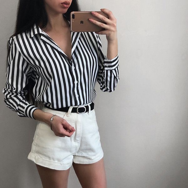 women's blouses & shirts 2021 spring women v-neck long sleeve work blouse striped loose femme casual office for business, White
women's blouses & shirts 2021 spring women v-neck long sleeve work blouse striped loose femme casual office for business, White