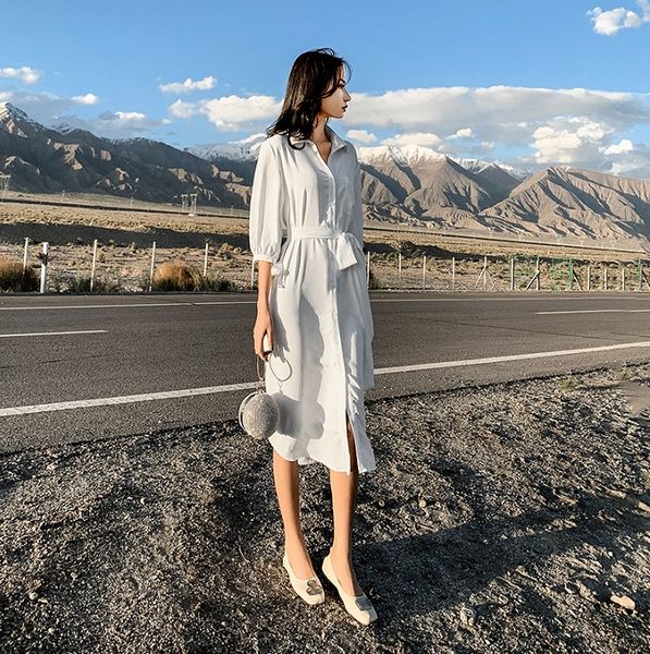2020 spring korean women's chiffon shirt skirt women's mid-length lace up petticoat slim white dress
2020 spring korean women's chiffon shirt skirt women's mid-length lace up petticoat slim white dress