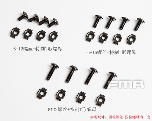 4pcs fma 6x12/16/22 fix screw + t nut for hunting tactical helmet / guide / helmet strap
4pcs fma 6x12/16/22 fix screw + t nut for hunting tactical helmet / guide / helmet strap