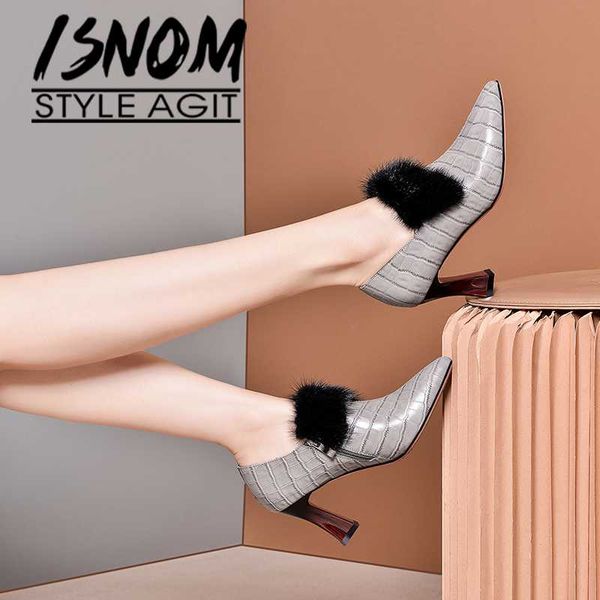 isnom embossed leather fur heels elegant wood heels cow leather shoes women 2020 pointed toe spring shoes, Black
isnom embossed leather fur heels elegant wood heels cow leather shoes women 2020 pointed toe spring shoes, Black