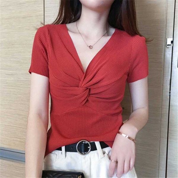 summer new deep v-neck women tees shirt ladies slim knitted t-shirt fashion twist short sleeve tight shirt female, White
summer new deep v-neck women tees shirt ladies slim knitted t-shirt fashion twist short sleeve tight shirt female, White