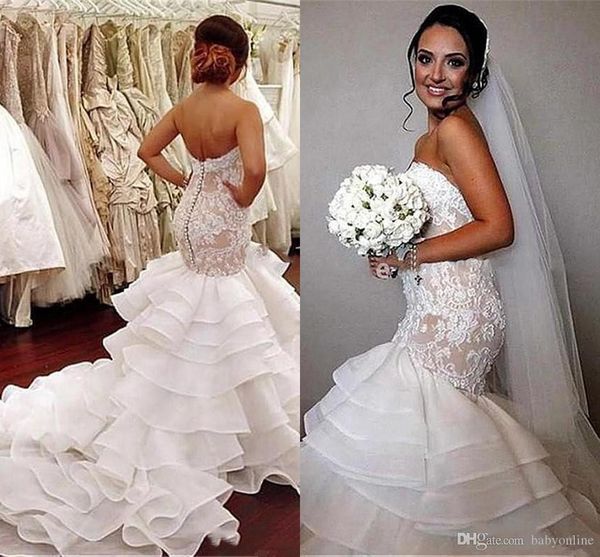 cascading ruffles organza mermaid wedding dresses 2020 backless with button covered appliques sweetheart long train bridal gowns, White
cascading ruffles organza mermaid wedding dresses 2020 backless with button covered appliques sweetheart long train bridal gowns, White