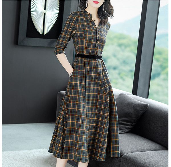 2019 new retro england big swing long skirt waist commuter plaid dress women's autumn, Black;gray
2019 new retro england big swing long skirt waist commuter plaid dress women's autumn, Black;gray