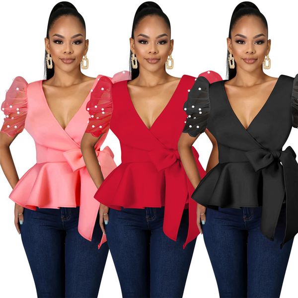 women summer clothes tshirt fashion v neck puff sleeve casual solid short tshirt with sahses women designer clothing, White
women summer clothes tshirt fashion v neck puff sleeve casual solid short tshirt with sahses women designer clothing, White