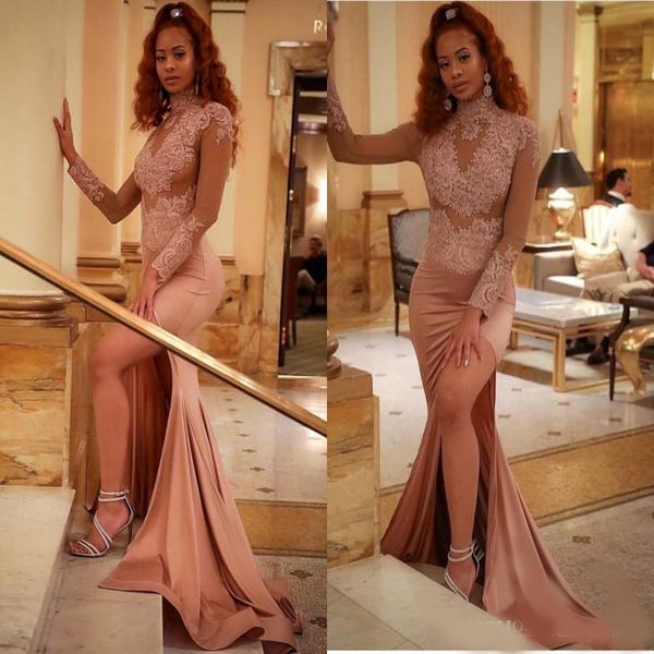 2020 prom dresses mermaid lace applique high jewel neck long sleeves illusion high side split sweep train elegant evening formal dress, Black
2020 prom dresses mermaid lace applique high jewel neck long sleeves illusion high side split sweep train elegant evening formal dress, Black