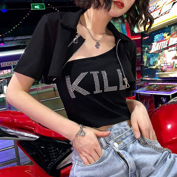 2019 cool ladies zipper ultra short coats women rhinestone letter crop tanks 2 pieces outwear navel bare crystal clothing, Black;brown
2019 cool ladies zipper ultra short coats women rhinestone letter crop tanks 2 pieces outwear navel bare crystal clothing, Black;brown