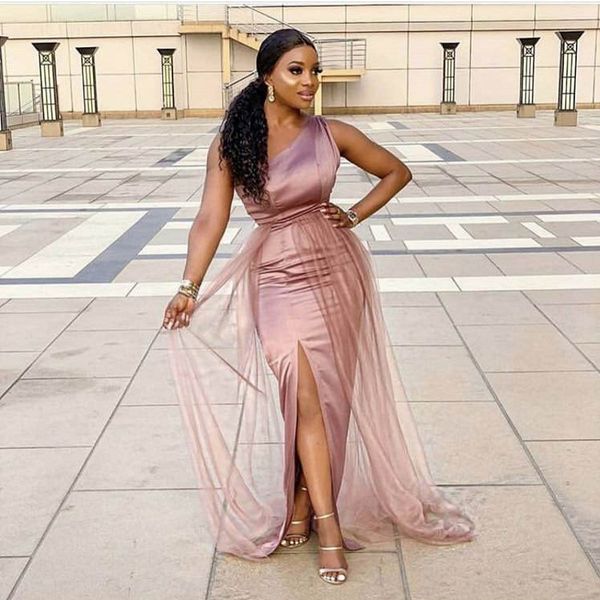 dusty pink bridesmaid dresses one shoulder side slit floor length elastic satin and tulle mermaid wedding guest dress, White;pink
dusty pink bridesmaid dresses one shoulder side slit floor length elastic satin and tulle mermaid wedding guest dress, White;pink