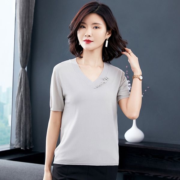 short-sleeved t- female v-neck thin knitted base shirt all-match ice silk knitted shirt short ice linen t-shirt, White
short-sleeved t- female v-neck thin knitted base shirt all-match ice silk knitted shirt short ice linen t-shirt, White