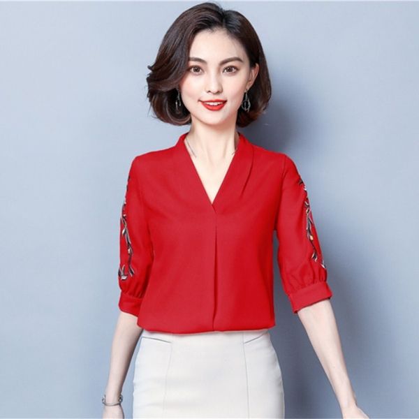 2019 women v-neck half sleeve chiffon blouses summer casual embroidery flowers slim shirts, White
2019 women v-neck half sleeve chiffon blouses summer casual embroidery flowers slim shirts, White