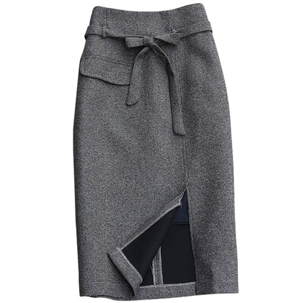 autumn winter plaid woolen skirt women high waist package hip split knee length pencil skirt, Black 
autumn winter plaid woolen skirt women high waist package hip split knee length pencil skirt, Black