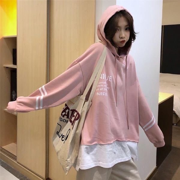 cotton) 2019 autumn clothing new style korean-style mock two-piece front and back printed letter hooded thin hoodie women's stu, Black
cotton) 2019 autumn clothing new style korean-style mock two-piece front and back printed letter hooded thin hoodie women's stu, Black
