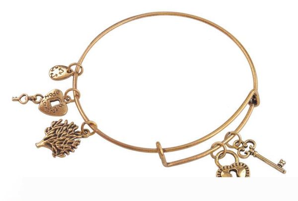 5pcs of fashion expandable wire bangles lock and key charm bracelets, Golden;silver