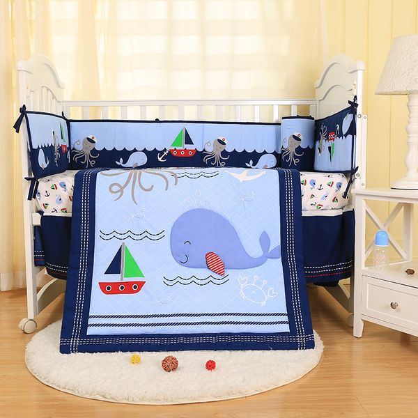 4 piece nursery crib bedding set for baby boy navy blue whale pattern 3d applique 100% polyester-quilt/fitted sheet/bumpers
4 piece nursery crib bedding set for baby boy navy blue whale pattern 3d applique 100% polyester-quilt/fitted sheet/bumpers