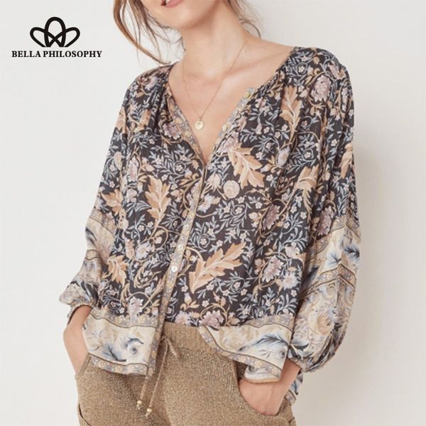 

bella philosophy bohemian long flare sleeve blouse single breasted female sweet blouse casual print floral lady 2019, White