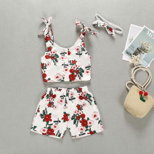 floral print baby girl clothes set kids sleeveless tank +shorts+headband set vetement enfant fille girls summer outfits, White 
floral print baby girl clothes set kids sleeveless tank +shorts+headband set vetement enfant fille girls summer outfits, White