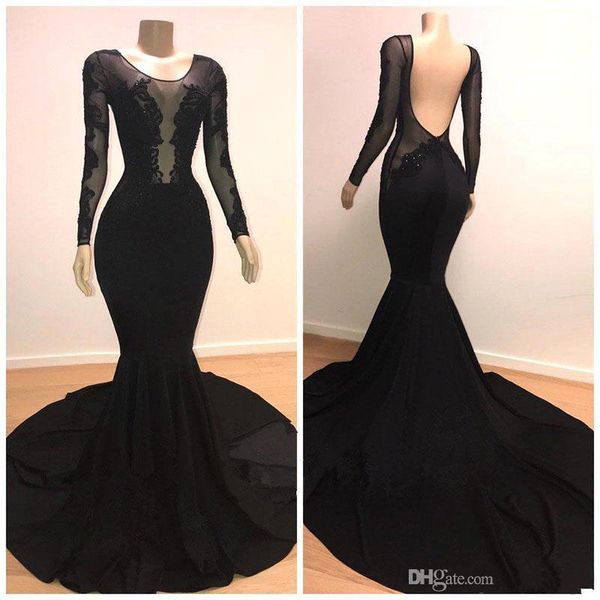 2019 illusion bodices long sleeves mermaid prom dresses lace appliqued backless formal evening gowns satin sweep train party dresses, Black
2019 illusion bodices long sleeves mermaid prom dresses lace appliqued backless formal evening gowns satin sweep train party dresses, Black