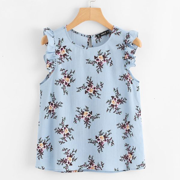 women clothes chiffon blouses frilled armhole button closure back floral summer regular fit blouses blue chiffon sleeveless casual, White
women clothes chiffon blouses frilled armhole button closure back floral summer regular fit blouses blue chiffon sleeveless casual, White